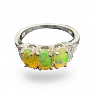 Ethiopian Opal Diamond Ring 925 Sterling Silver US Size 7 STS